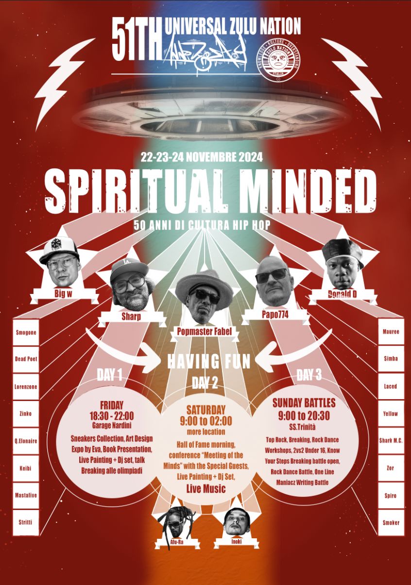 22-23-24 Novembre a Bassano del Grappa "51th Anniversario della Universal Zulu Nation -Spiritual Minded- 50 anni di Cultura Hip Hop"